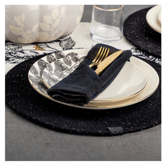 New! Thyme & Table settings napkins placemats & table runner Black Gold & white - Picture 3 of 11